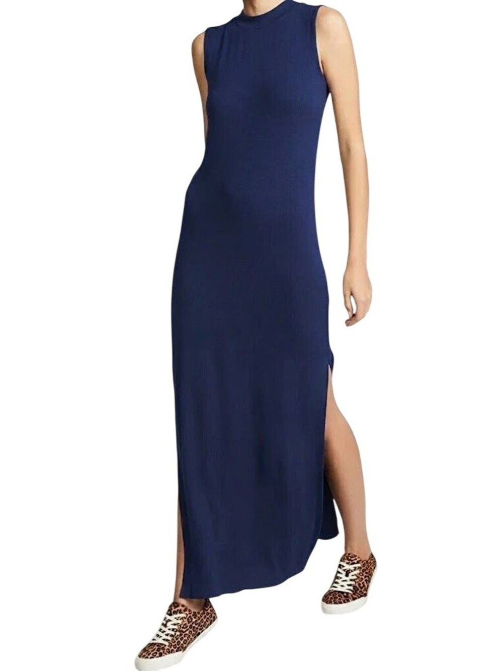 Bldwn Abbot Dress XS Sleeveless Crewneck Side Slits Modal Blend Nocturnal Blue